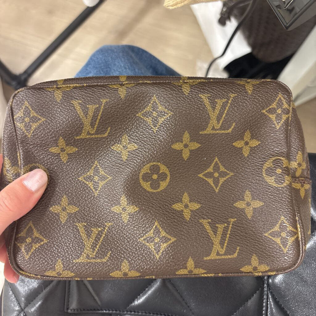 Brown Leather Monogram Cosmetic Pouch