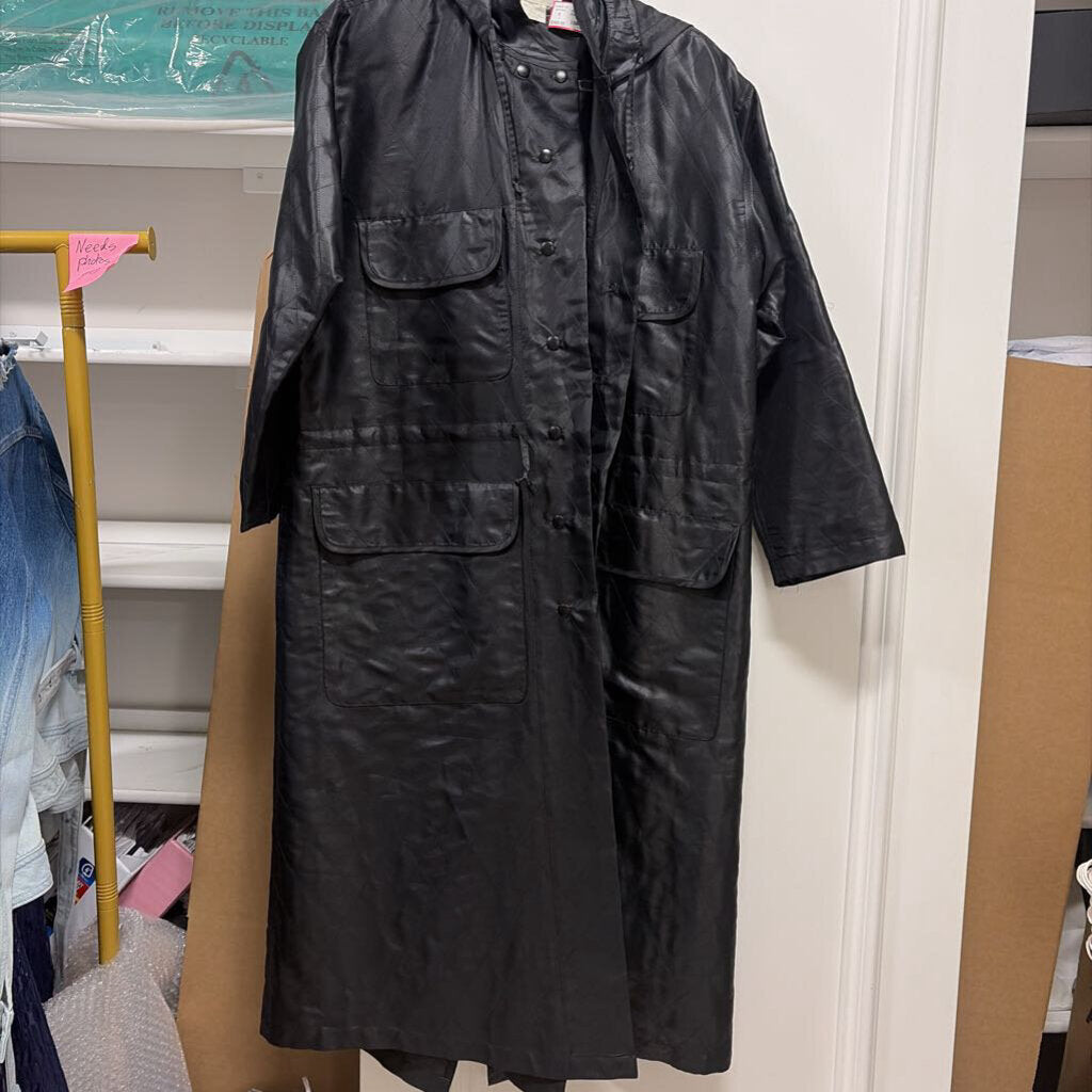 1980s Black Poly Quilted Long Jacket