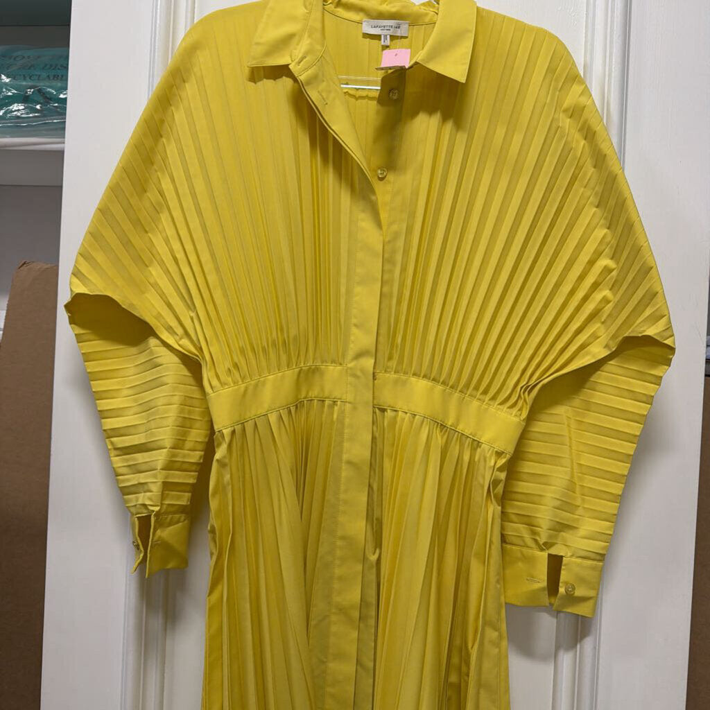 Yellow Poly/Cotton Pleated Midi Dress