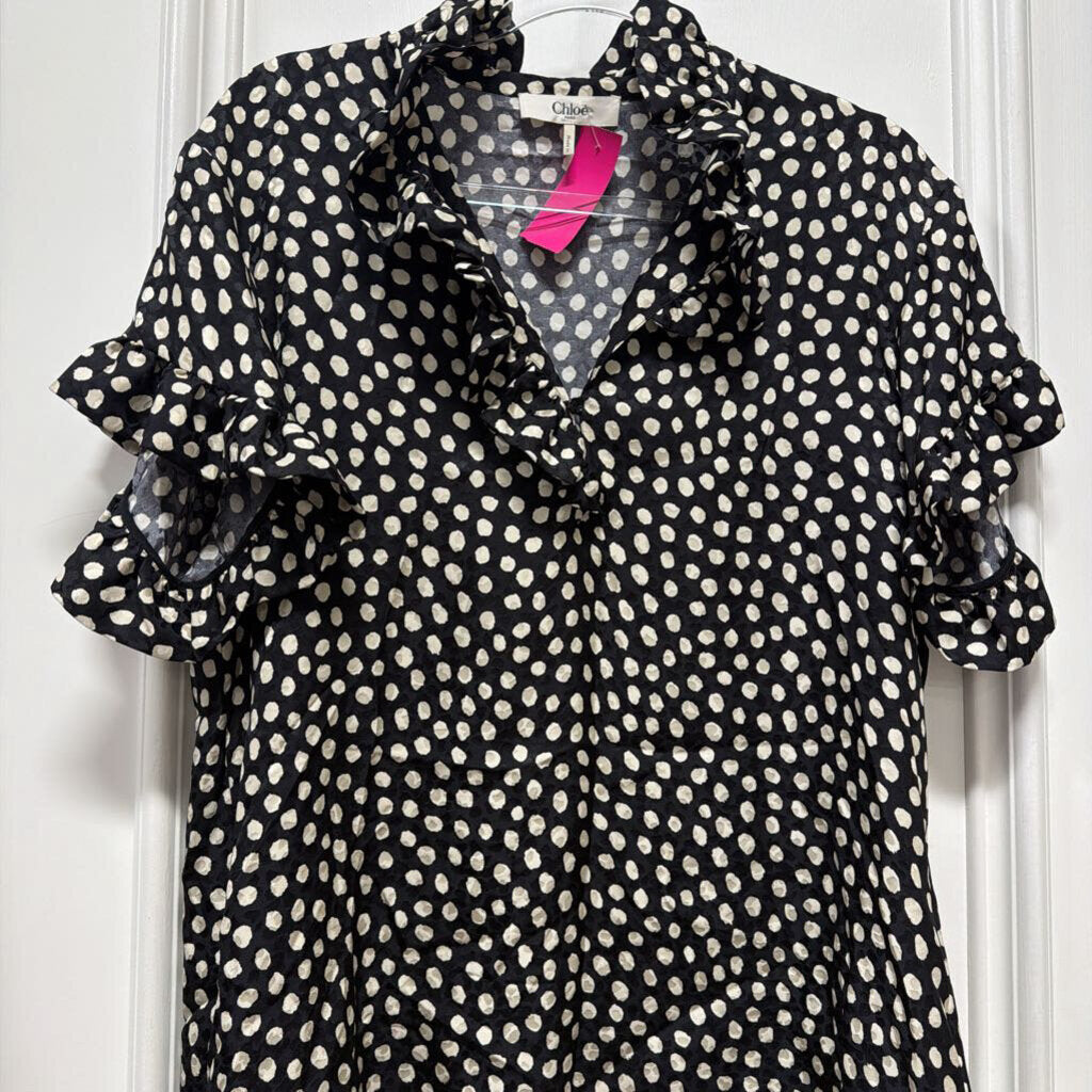 Black/White Polka Dot Silk Ruffle Blouse