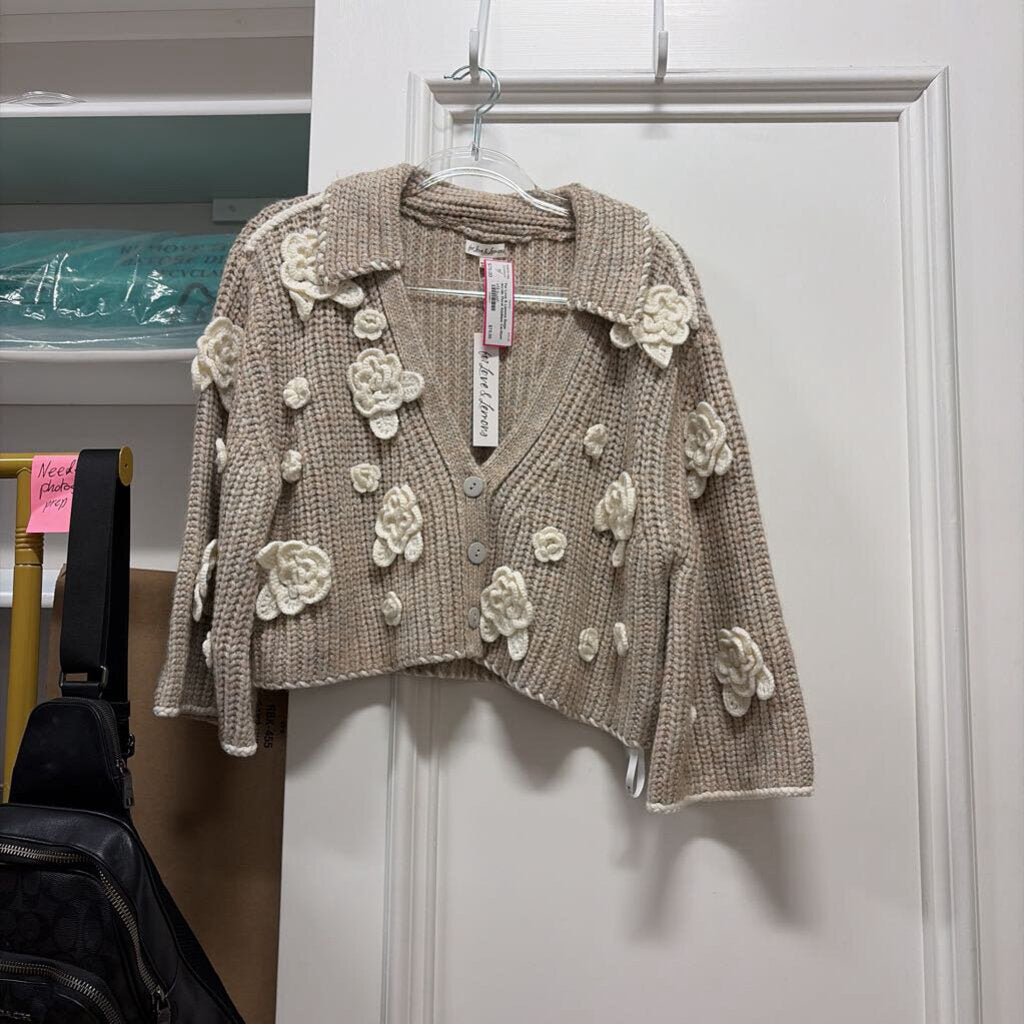 Beige Acrylic Floral Applique Cardigan