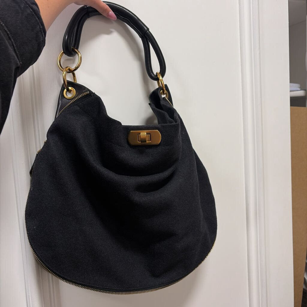 Black Leather/Felt Zipper Hobo Bag