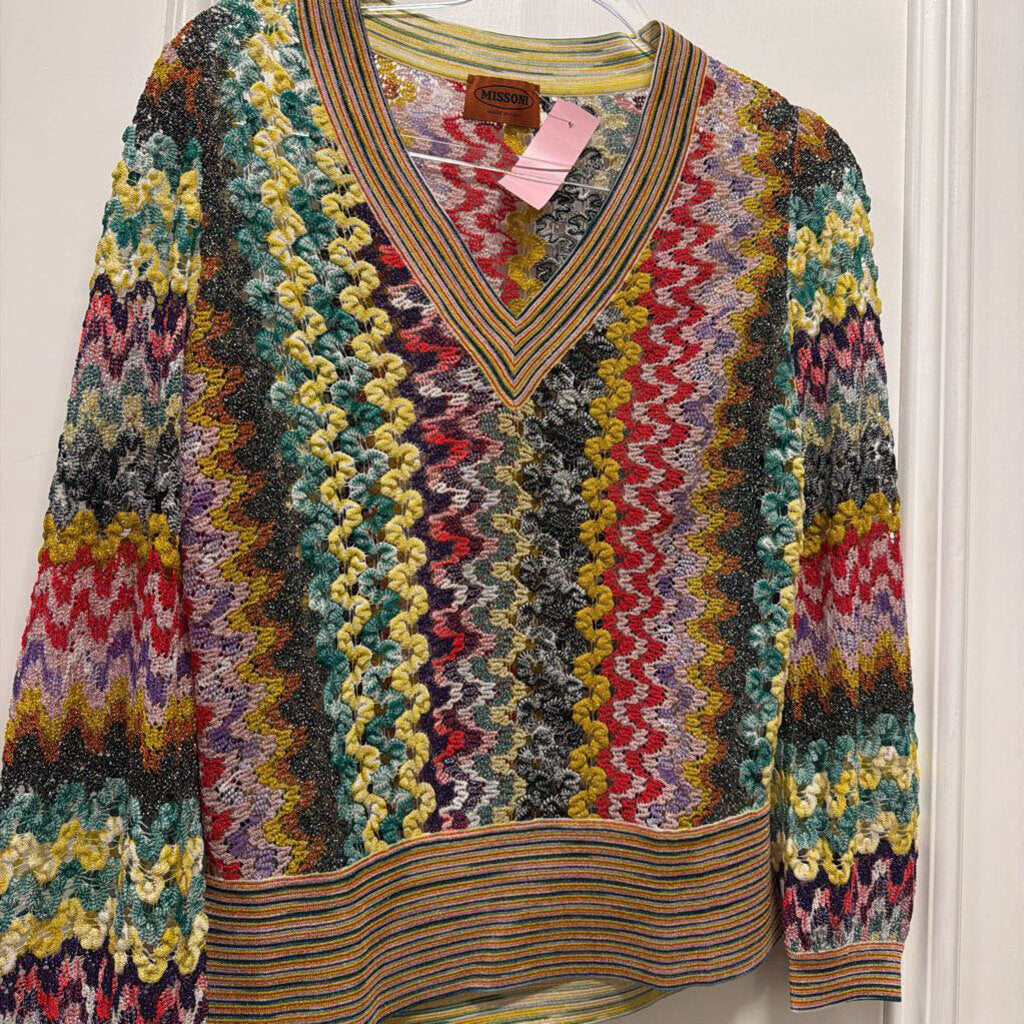 Multicolor Rayon Knit V Neck Sweater