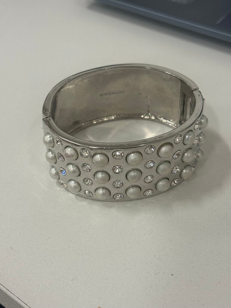 Silver Tone Pearl & Crystal Cuff Bracelet