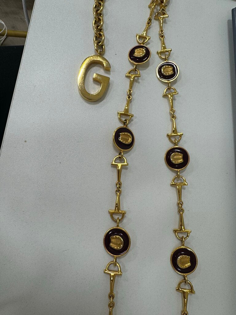 Gucci Vintage Gold Tone Horsebit Chain Belt, 80 (patina throughout)