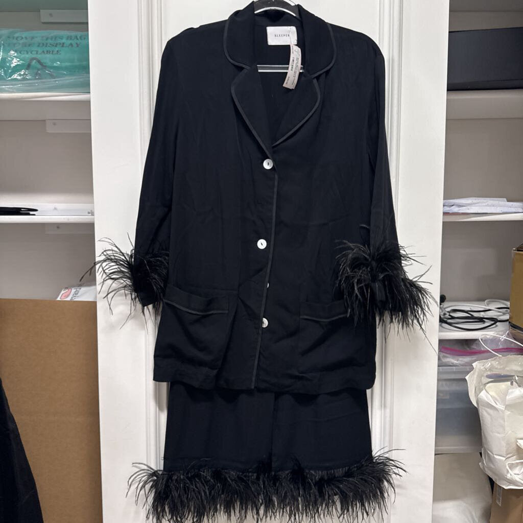 Black Viscose Feather Trim Top/Pant (SET)