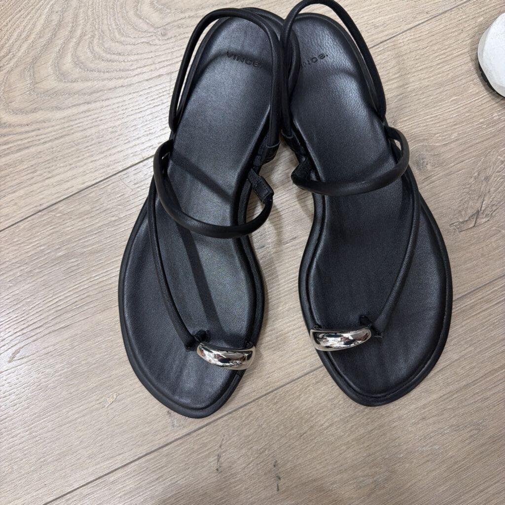 Black Leather Silver Toe Sandal, 40