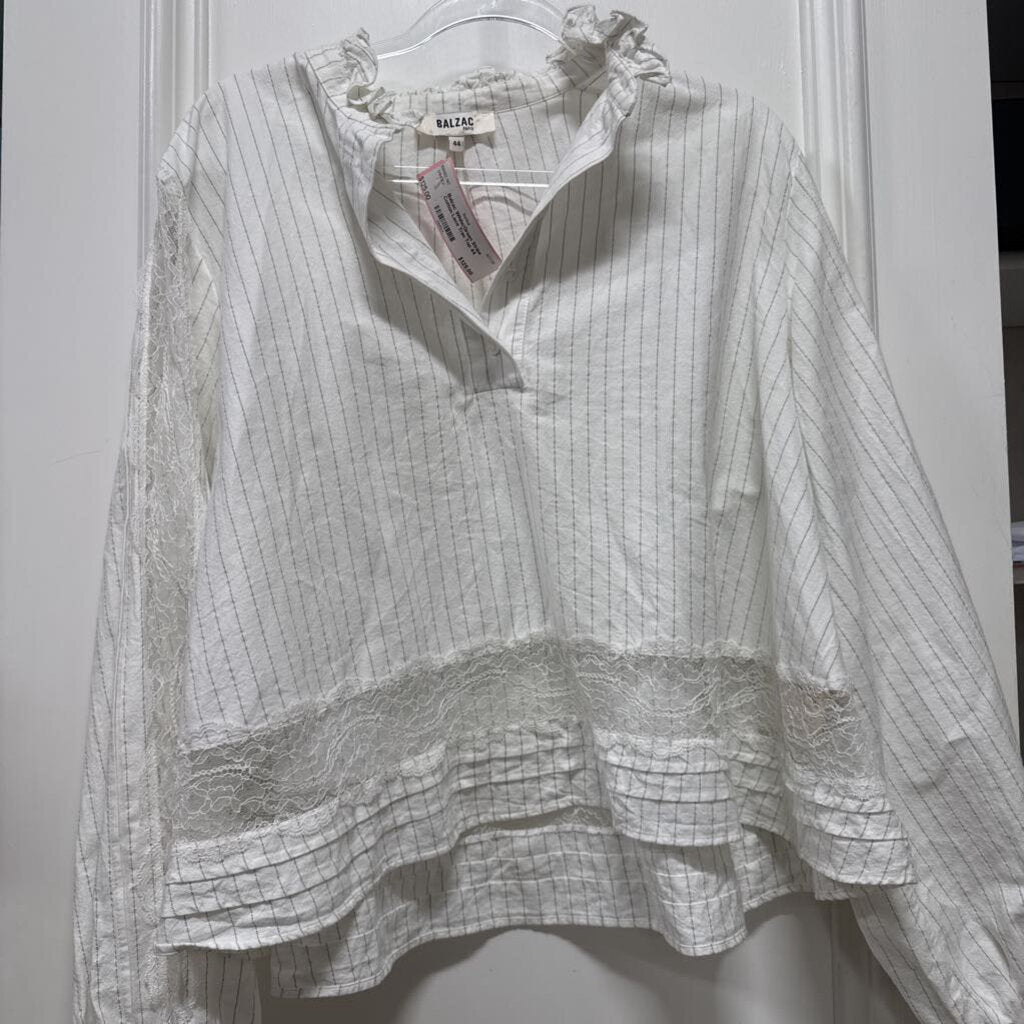White/Green Stripe Cotton Lace Trim Top