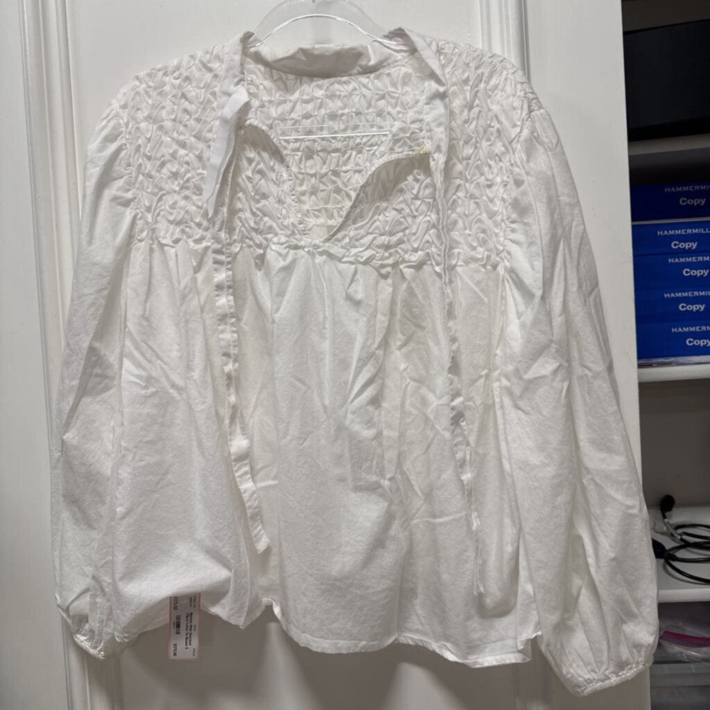 White Smocked VNeck Cotton Tie Blouse