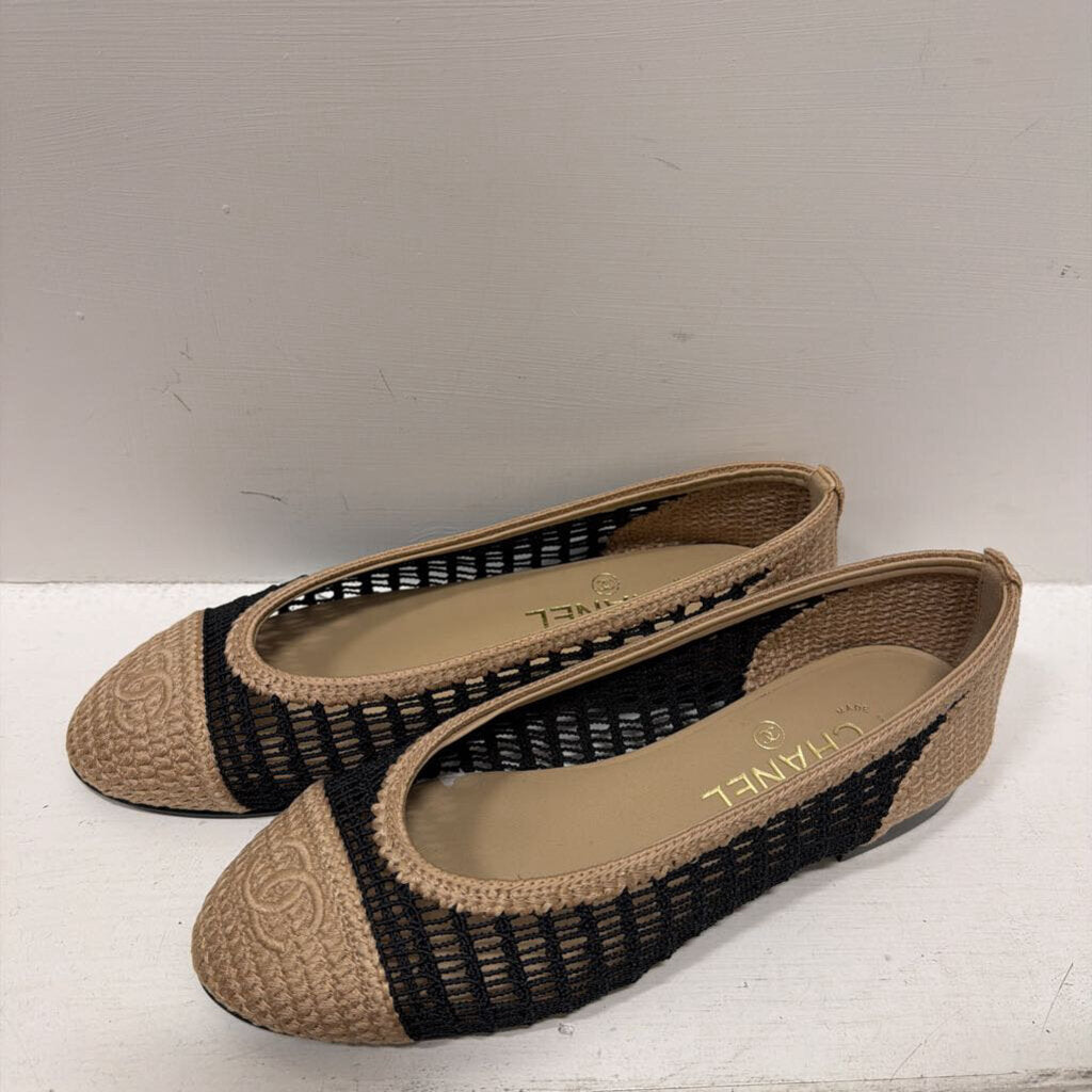 Beige/Black Raffia Ballet Flat (New)