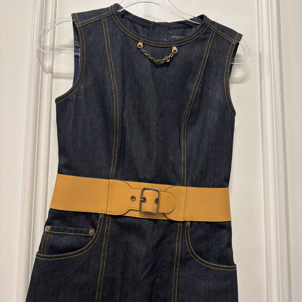 2024 Dark Wash Denim Leather Belted Midi Dress