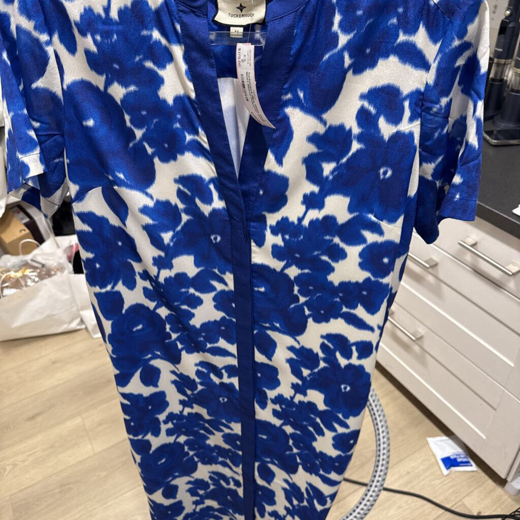 Blue White Floral Short Sleeve Polyester Dress Dress