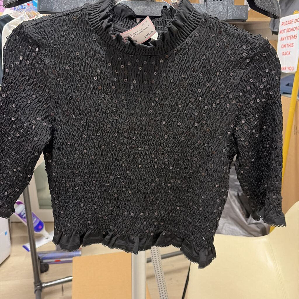 Black Sparkle 3/4 Sleeve Ruffle Cuff Collar Hem
