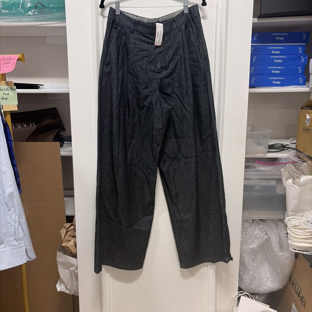 Dark Denim Pleated Wide Leg Trousers