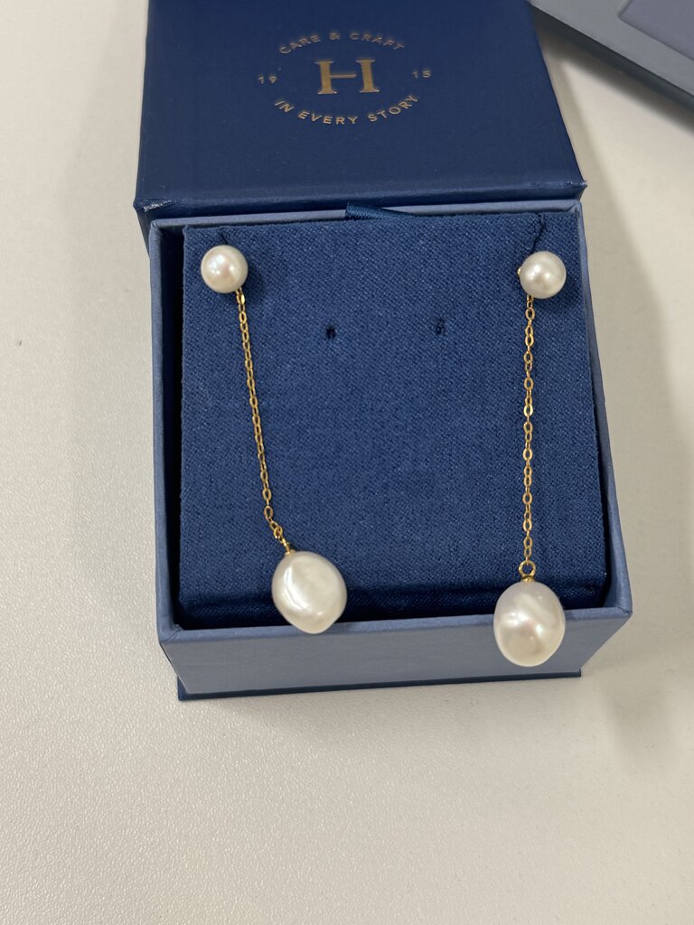 10k Yellow Gold Pearl Drop Earrings w/ Box