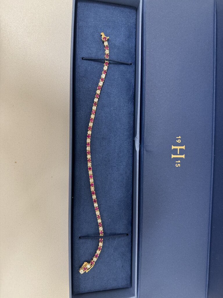 10k Yellow Gold Ruby + 1/7 ct Diamond Tennis Bracelet w/ Box