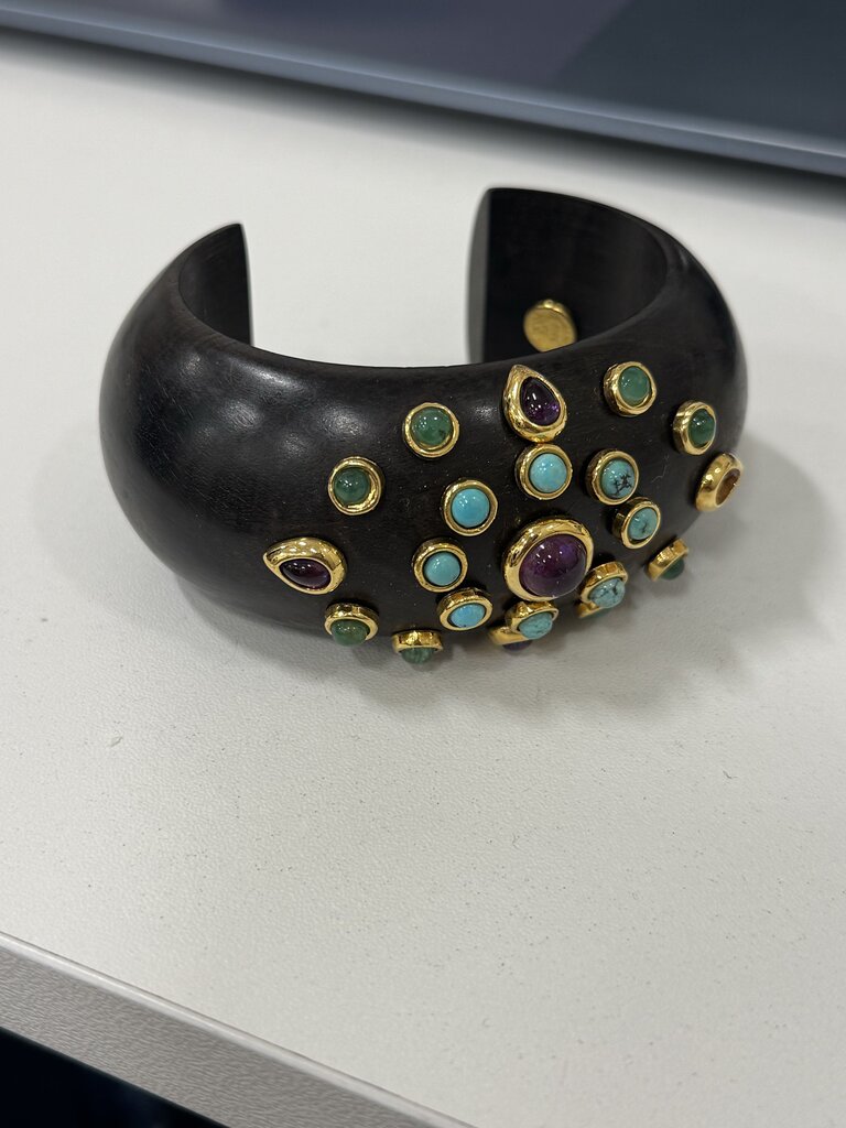 Vintage Brown Wood Cuff w/ Amethyst, Turquoise & Jade (missing one stone)