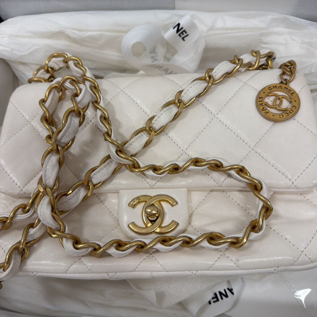 2023 White Lambskin Leather Gold Hardware Flap Bag w/ box