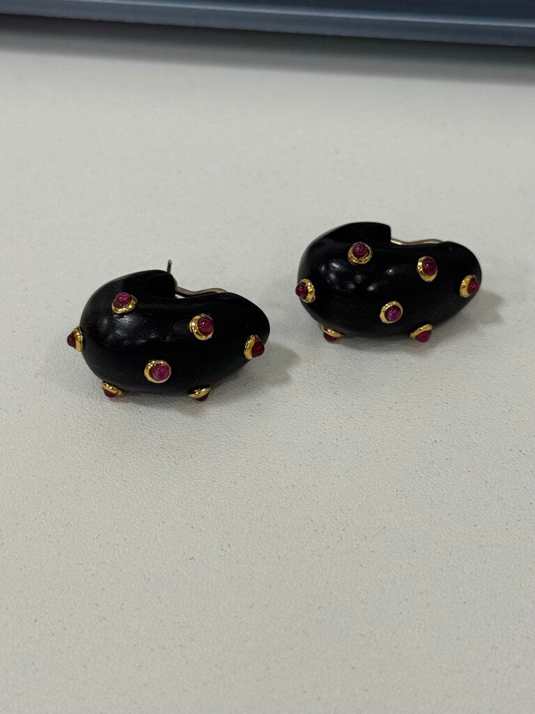 Vintage Wood Clip-On Hoop Earrings w/ Cabochon Ruby