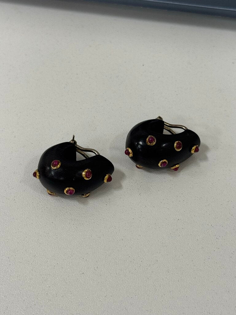 Vintage Wood Clip-On Hoop Earrings w/ Cabochon Ruby
