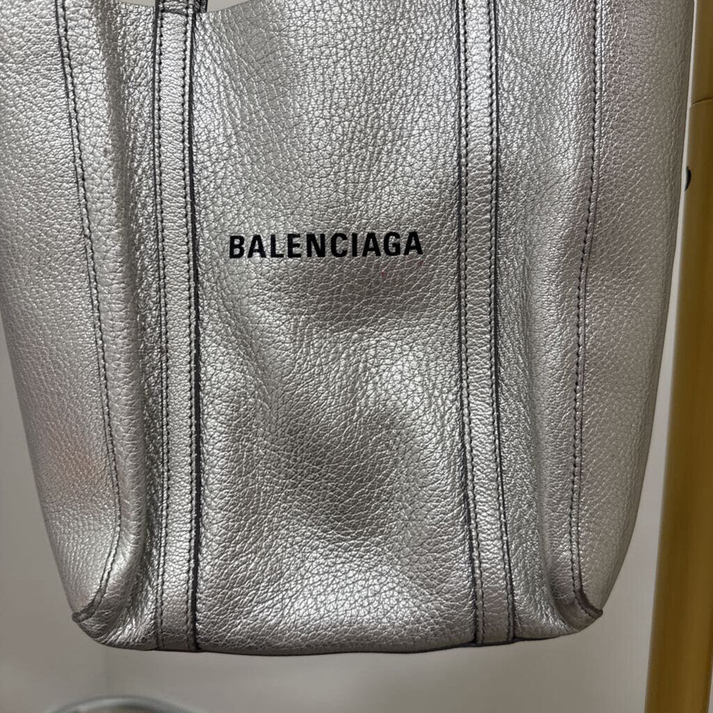 Silver Leather Mini Shopper Bag (as is peeling on upper inside)