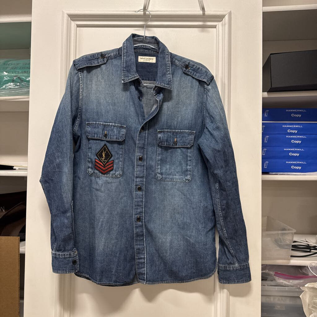 2016 Blue Cotton Denim Military Patch Shirt