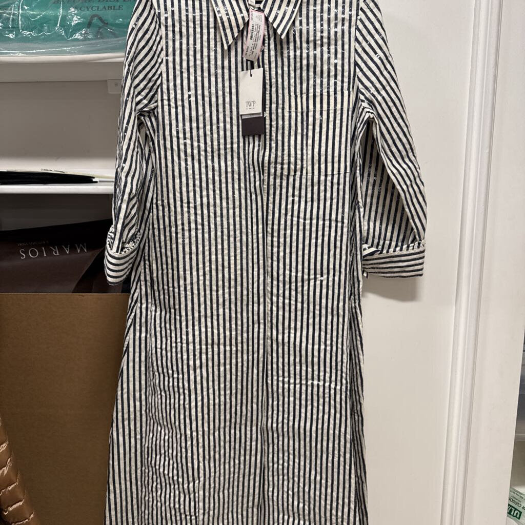 Navy/White Stripe Cotton/Polyamide Sequin Shirt Dress (NWT $1295)
