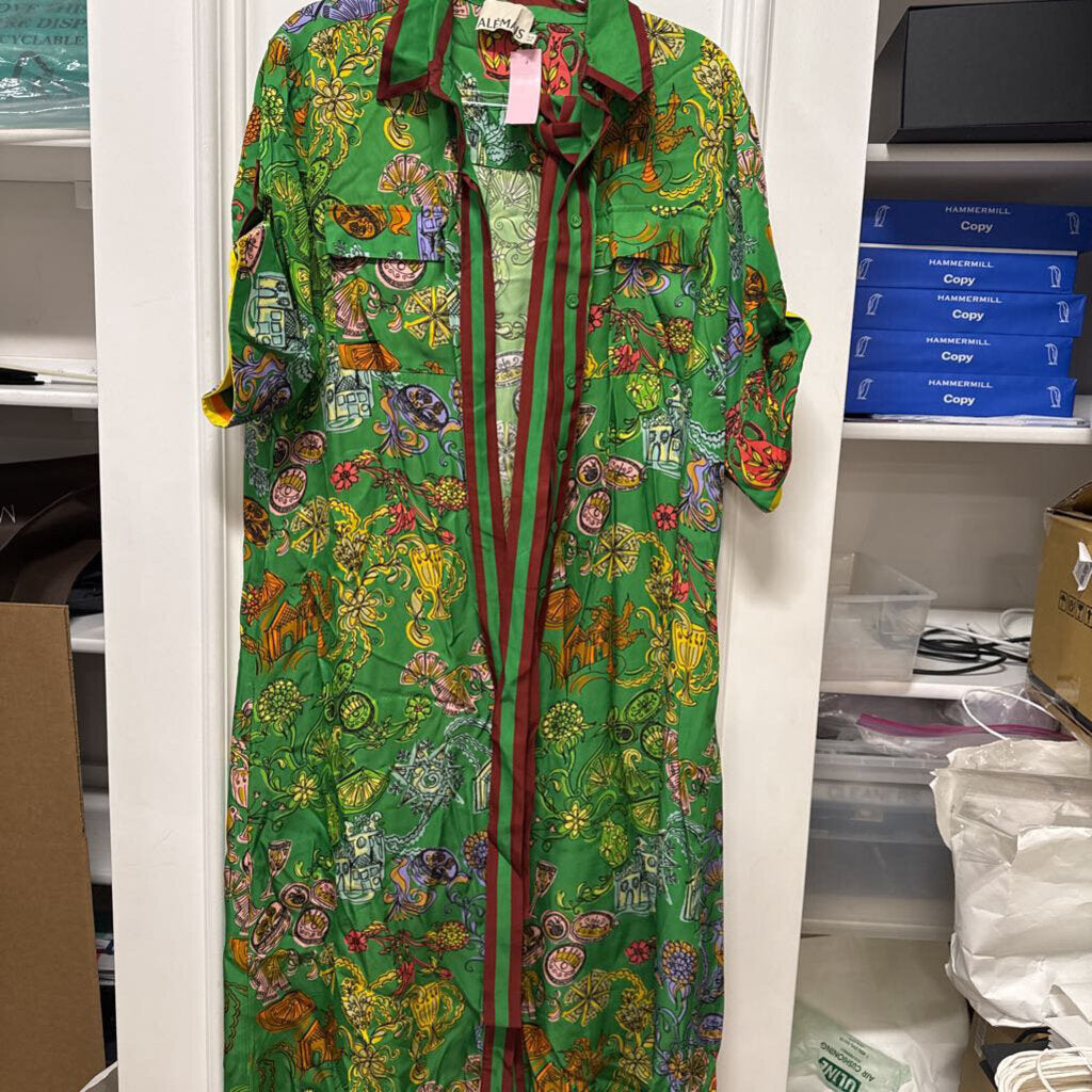 Green Floral Viscose Belted Shirt Dress
