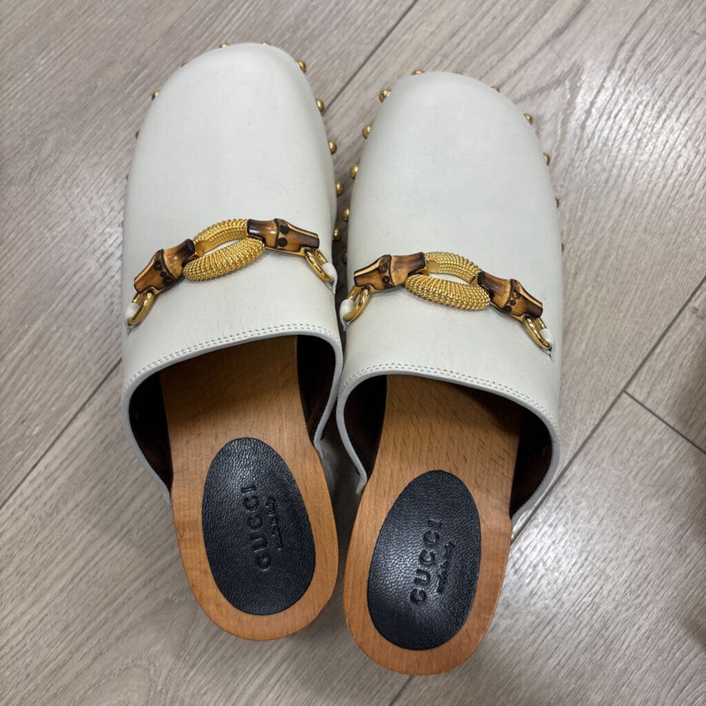 Cream Leather Bamboo Horsebit Clog