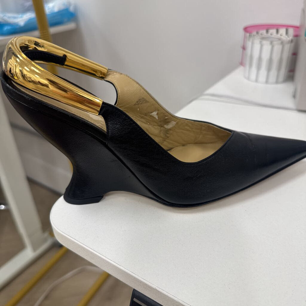Bottega Veneta Black Leather Gold Slingbacks