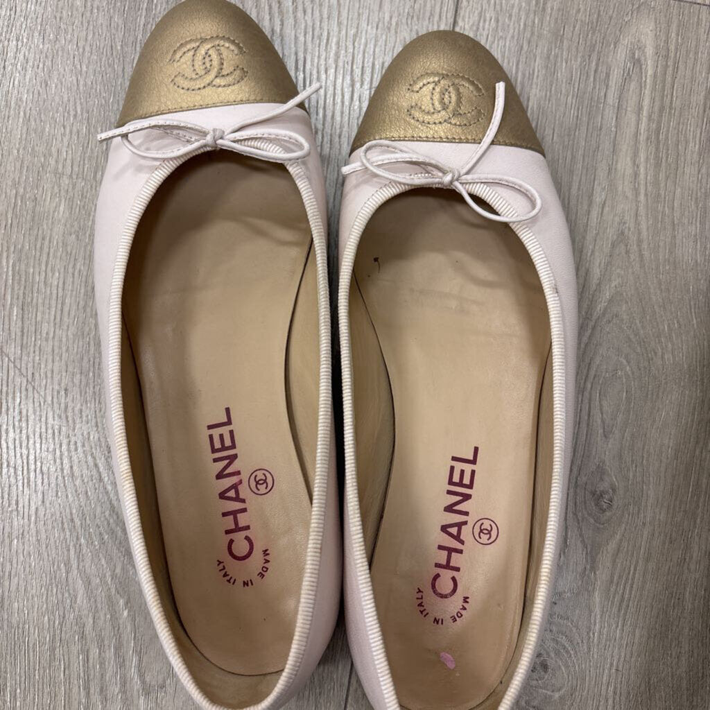 Pink/Gold Leather CC Cap Toe Ballet Flat AS IS