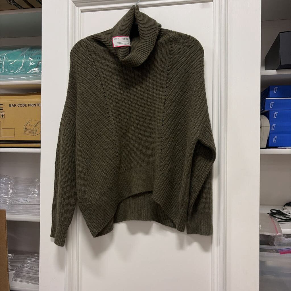 Green Turtleneck Cashmere Chevron Ribbing Slouchy Sweater