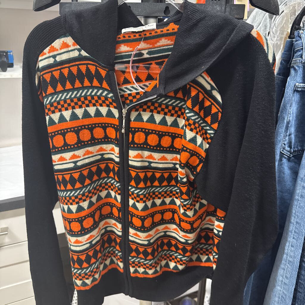 Black Orange Green Geometric Vintage Wool Hoodie