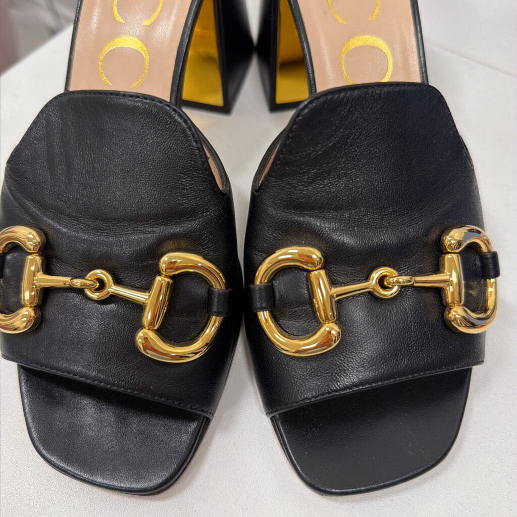 Black Leather Gold Horsebit Heels, 38