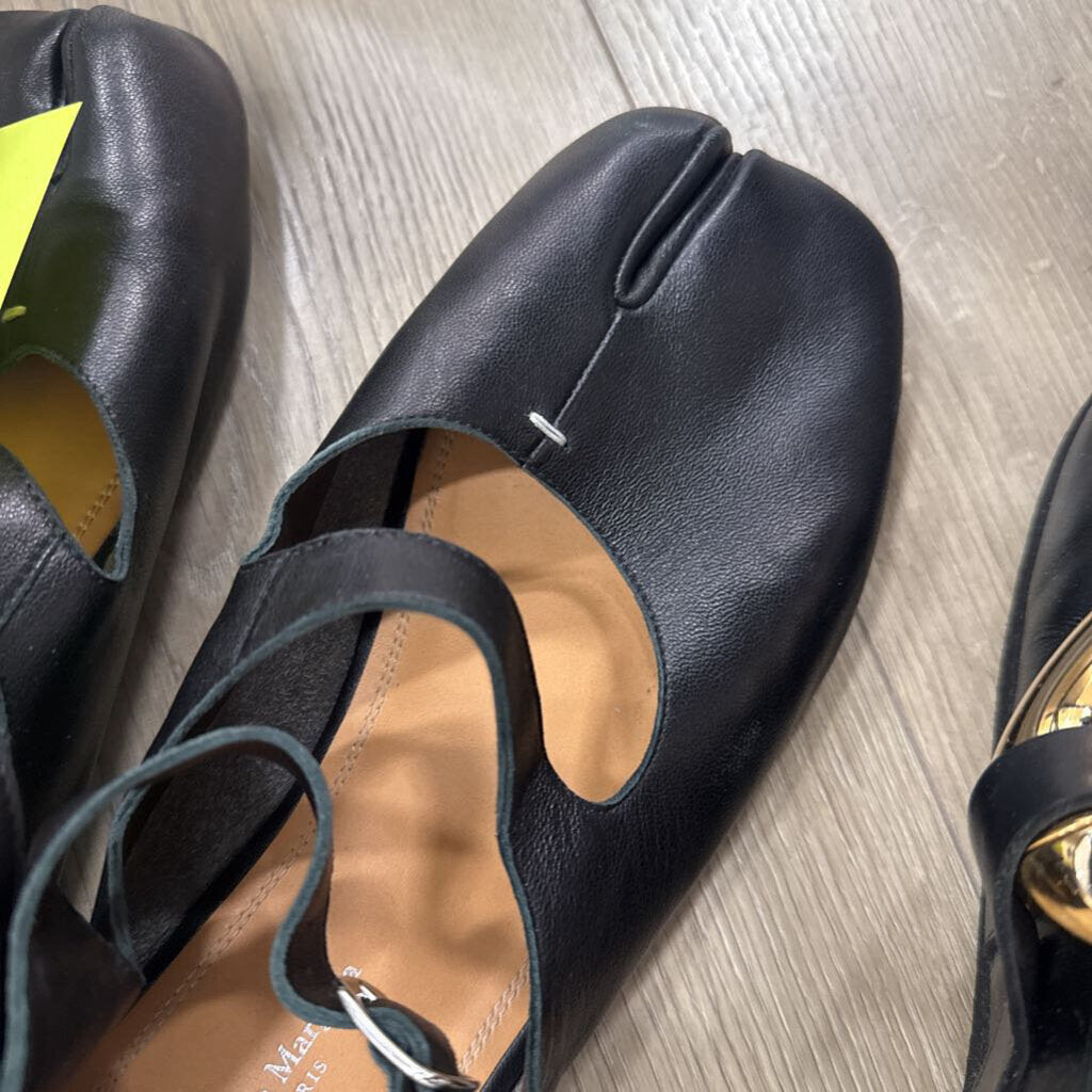 Black Leather Double-Strap Tabi Flats