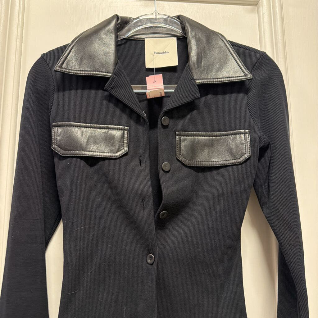 Black Cotton Leather Detail Sweater