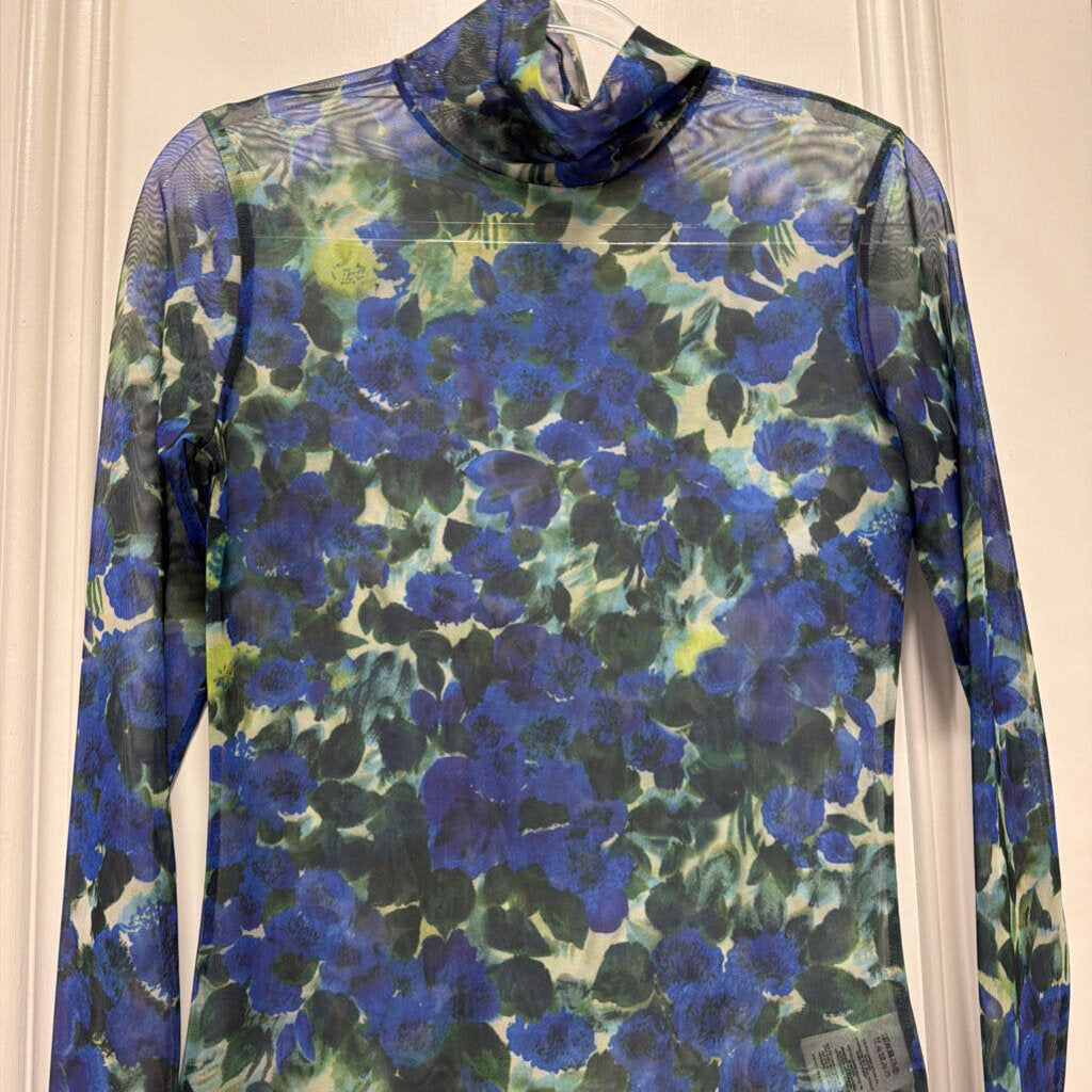 Blue Floral Sheer Turtleneck Top