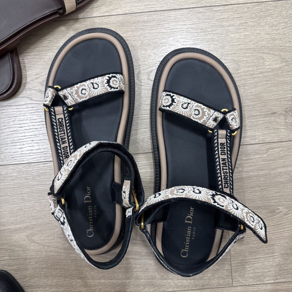 Tan/Black Embroidered Flat Sandals