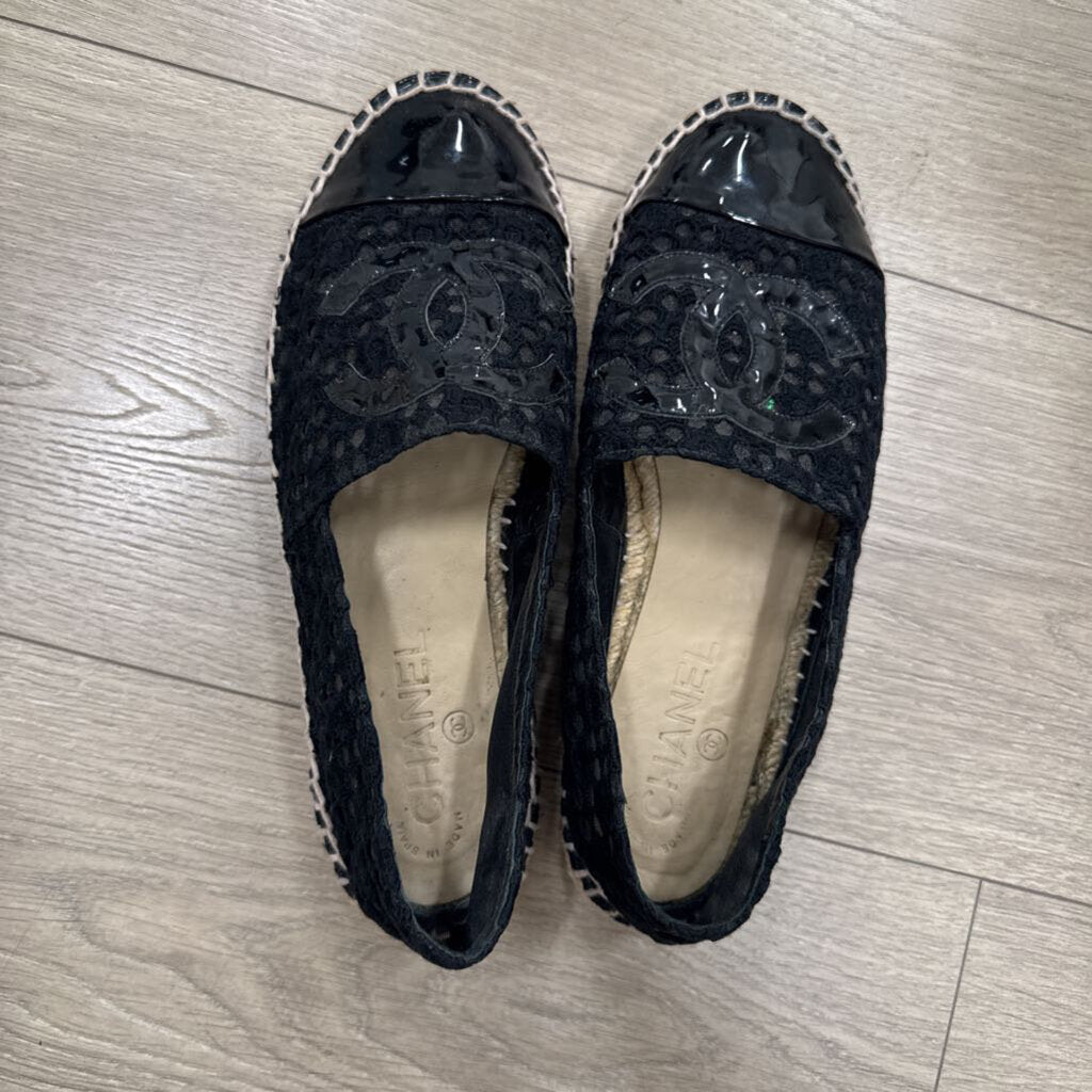 Chanel Black Lace Patent CC Espadrille Flats
