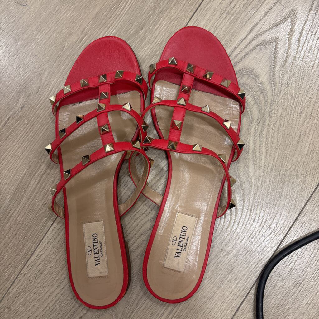 Red Leather Rockstud Sandal