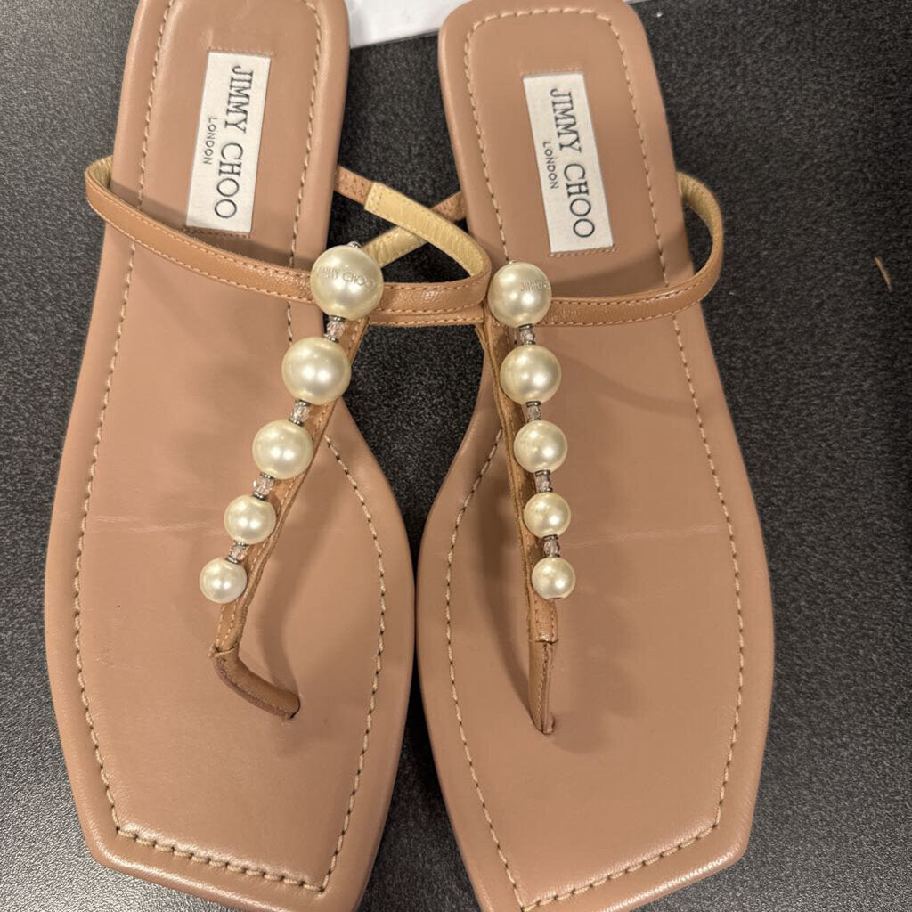 Taupe Leather Embellished T Strap Sandal