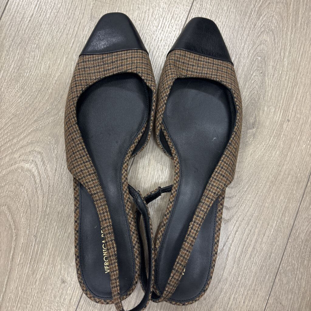 Brown Tweed Leather Cap Toe Slingback