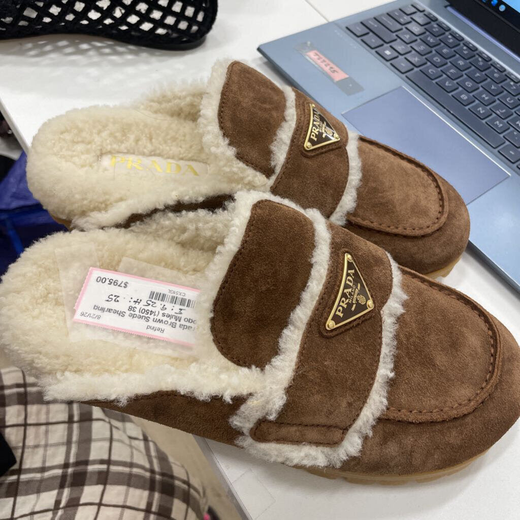 Brown Suede Shearling Logo Mules (1450)