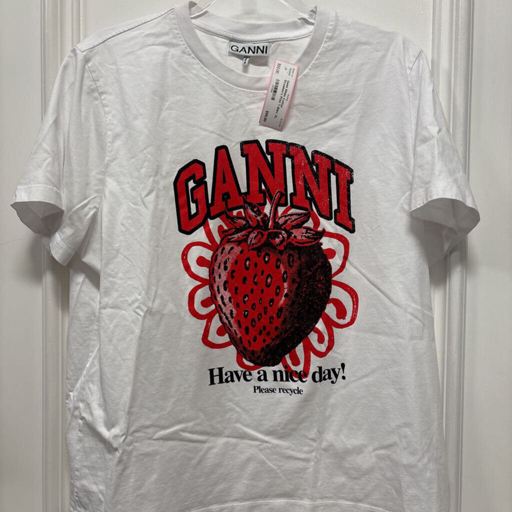 White Cotton Strawberry Print T-Shirt, XL