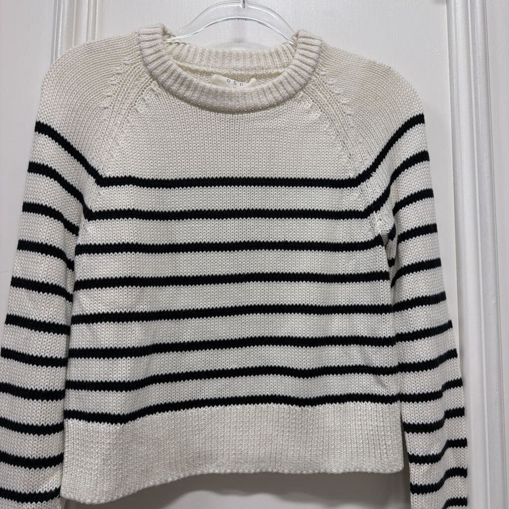 White/Black Cotton Blend Stripe Crewneck Sweater