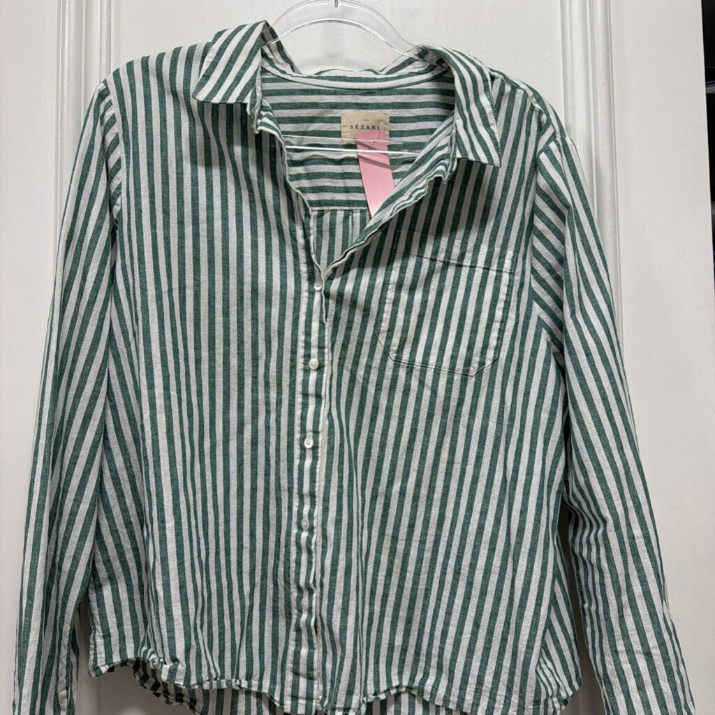 White/Green Stripe Cotton/Linen Shirt
