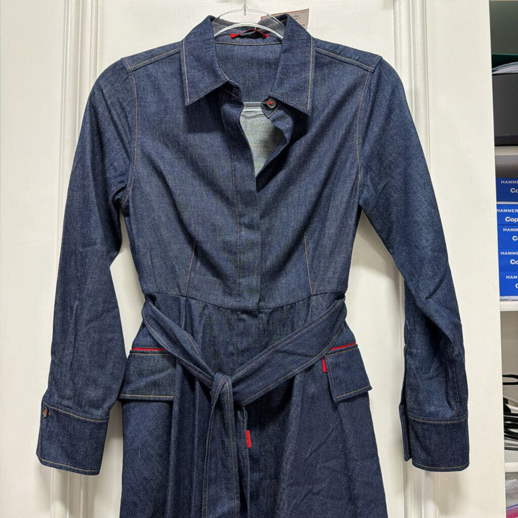 Blue Denim Belted Midi Dress