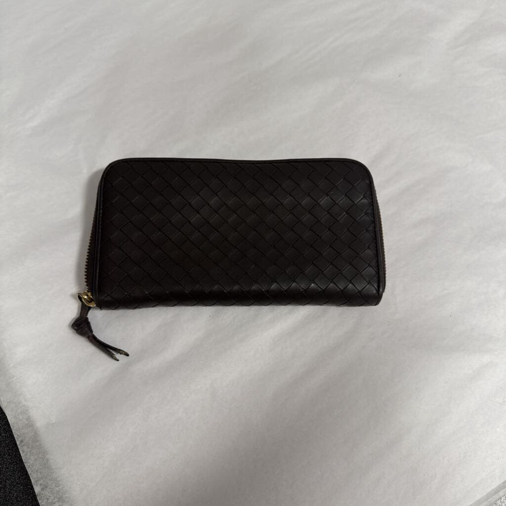 Brown Leather Intrecciato Zip Around Wallet