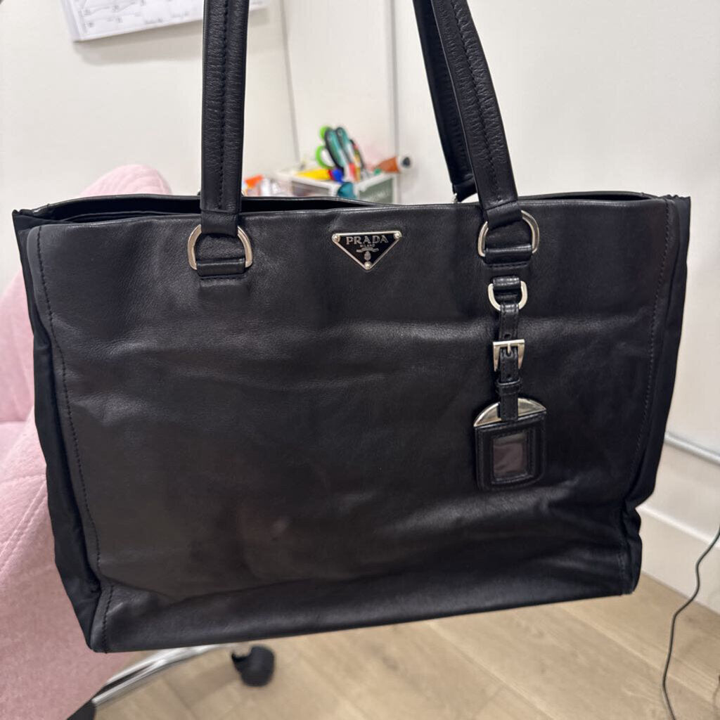 Black Leather Nylon Tote Bag