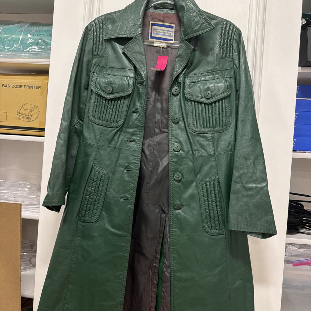 1970s-80s Green Leather Coat (AS IS lining discoloration)